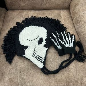 Skull Mohawk Knit Beanie with Skelton Gloves